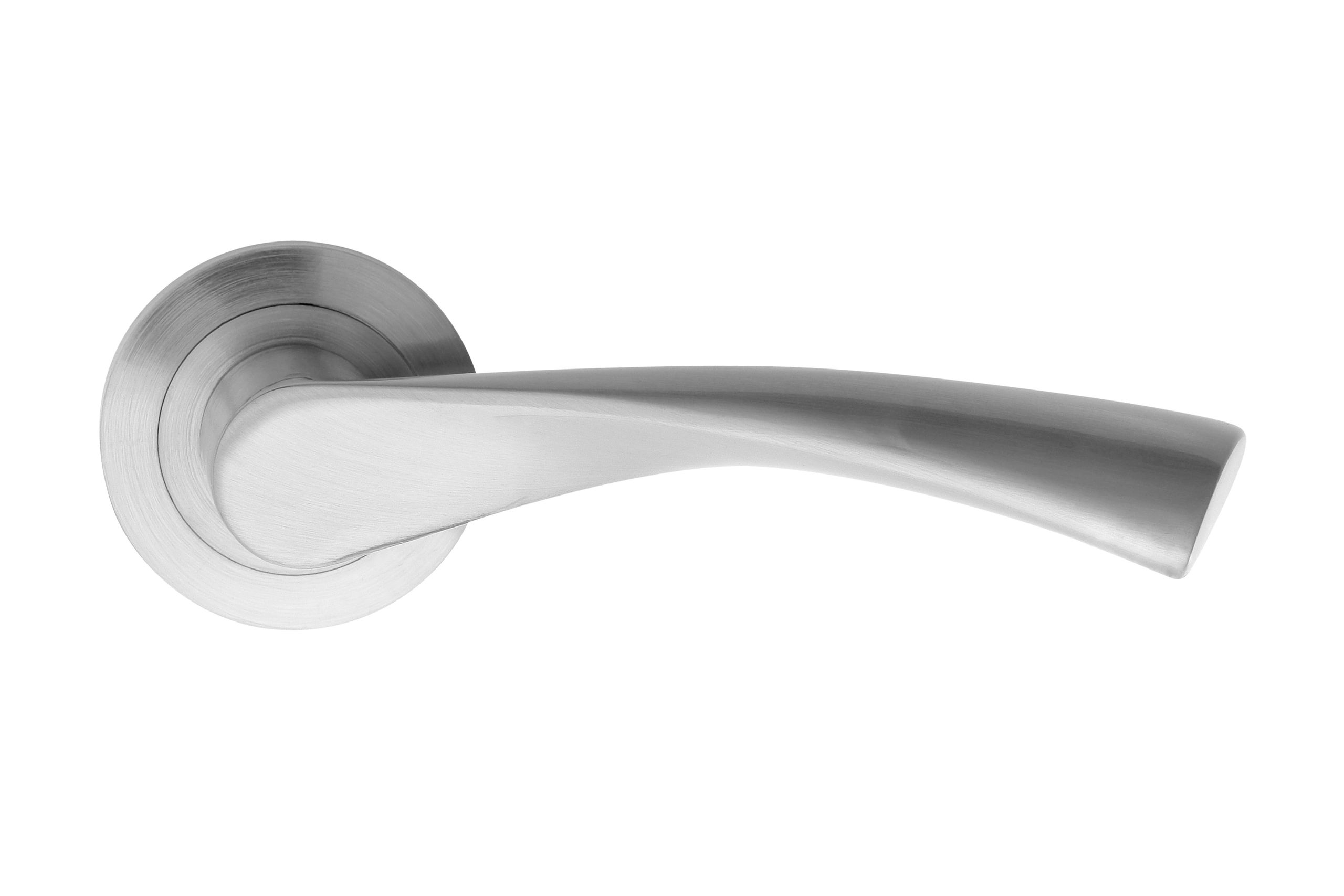Silver steel door lever set on a white background