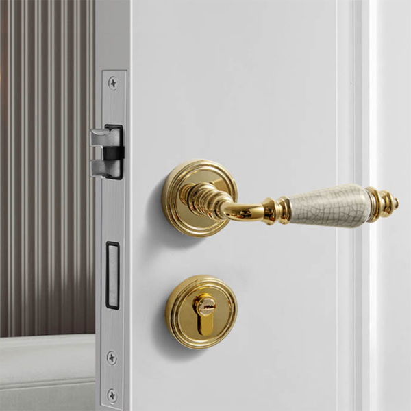 French-Style Beige Ceramic Silent Door Handle and Lock Set