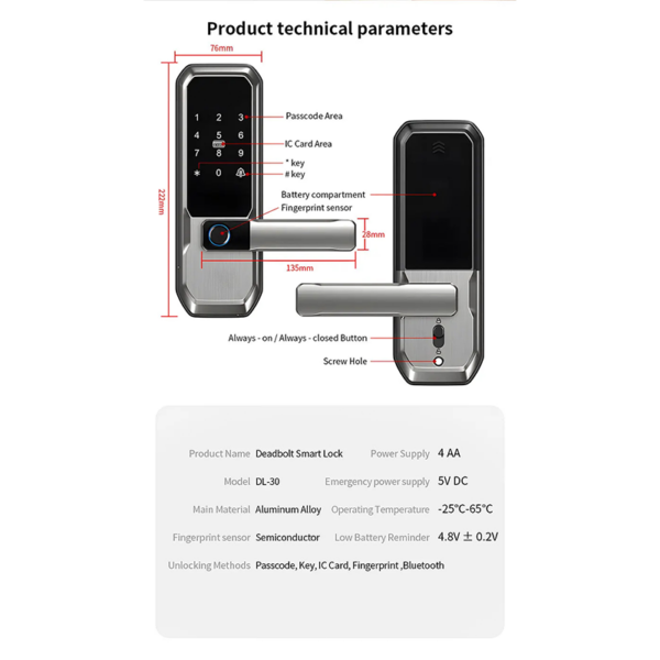 DL30 Smart Fingerprint Door Lock with Keypad, RFID Card and Tuya App