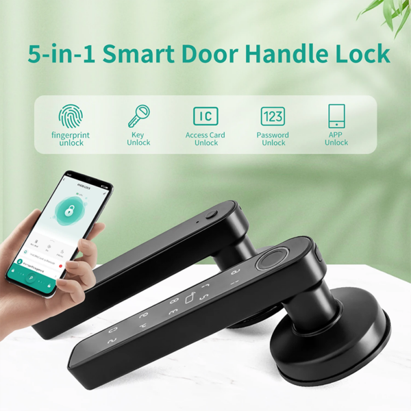 5-in-1 Smart Door Handle Lock with Fingerprint, Password, RFID Card and Tuya App